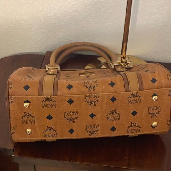 MCM Visetos Cognac Leather Satchel Bag with charm - Picture 8 of 9